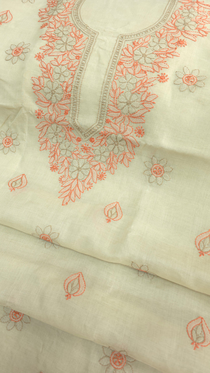 Paridhan Chikan Premium Cool Cotton Chikankari Dress Material Set with Hand Embroidered Kurta, Bottom & Chiffon Dupatta with Handmade Crochet Border