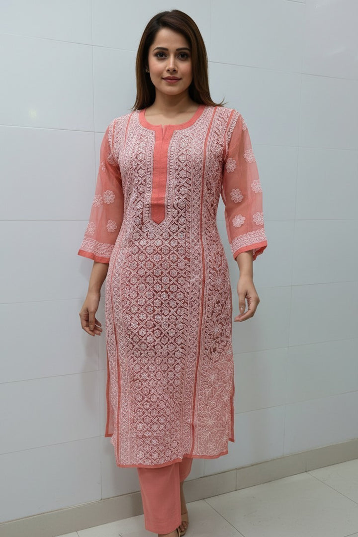Mahi Women's Chikankari Georgette Full Embroidered Kurta | Hand Embroidered Lucknowi Ethnic Wear
