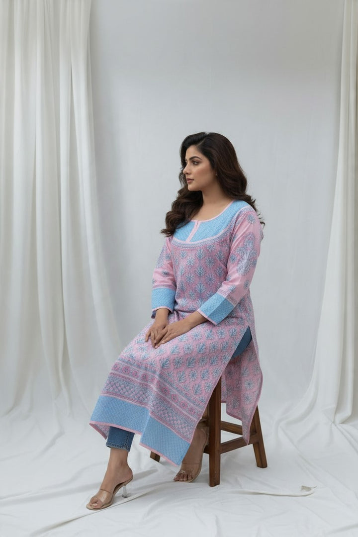 Asma Cotton Chikankari Hand Embroidered Kurti for Women | Premium  | 48 Inch approx Length | Lucknowi Chikan Kurta