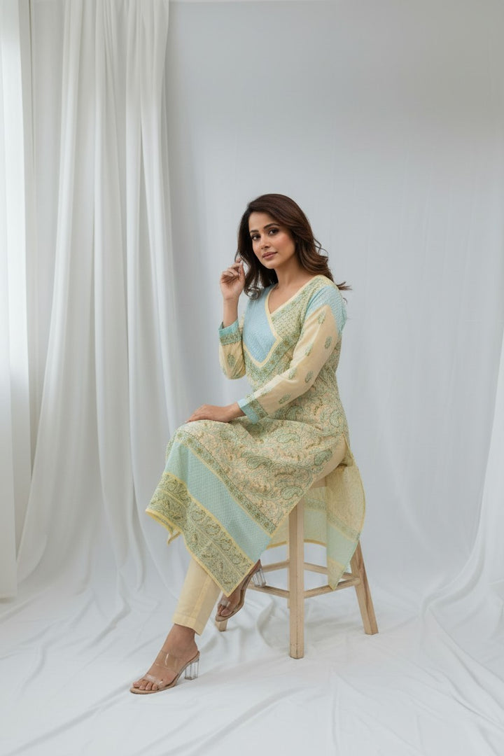Jia Cotton Chikankari Hand Embroidered Kurti for Women | Premium  | 48 Inch approx Length | Lucknowi Chikan Kurta