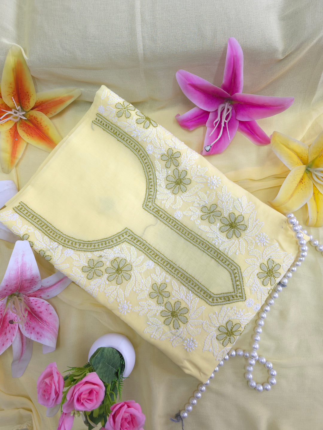 Paridhan Chikan Premium Cool Cotton Chikankari Dress Material Set with Hand Embroidered Kurta, Bottom & Chiffon Dupatta with Handmade Crochet Border