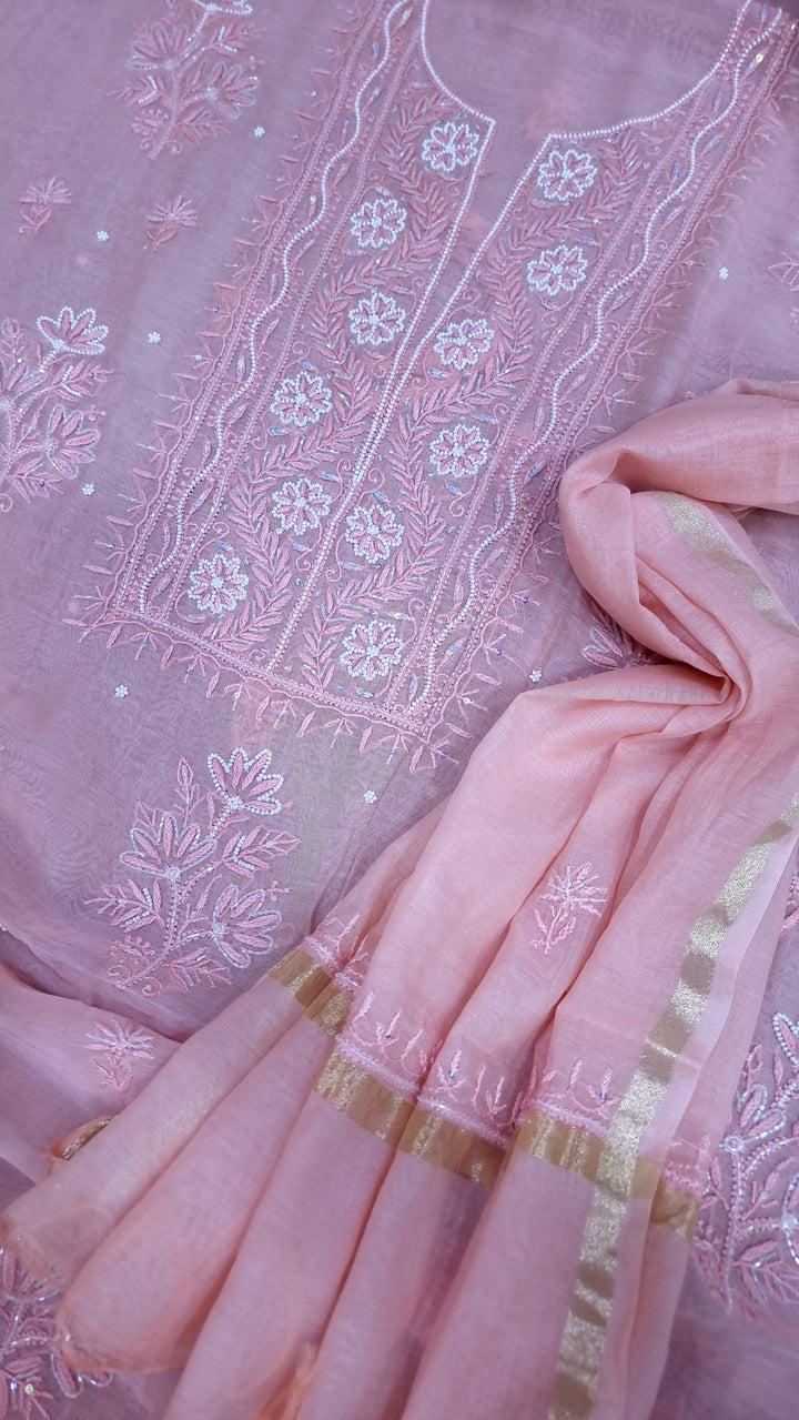 Premium Mul Chanderi Supersoft Dyeable Chikankari Dress Material | Hand Embroidered with Pearls & Cutdaana | Kurta & Dupatta Set