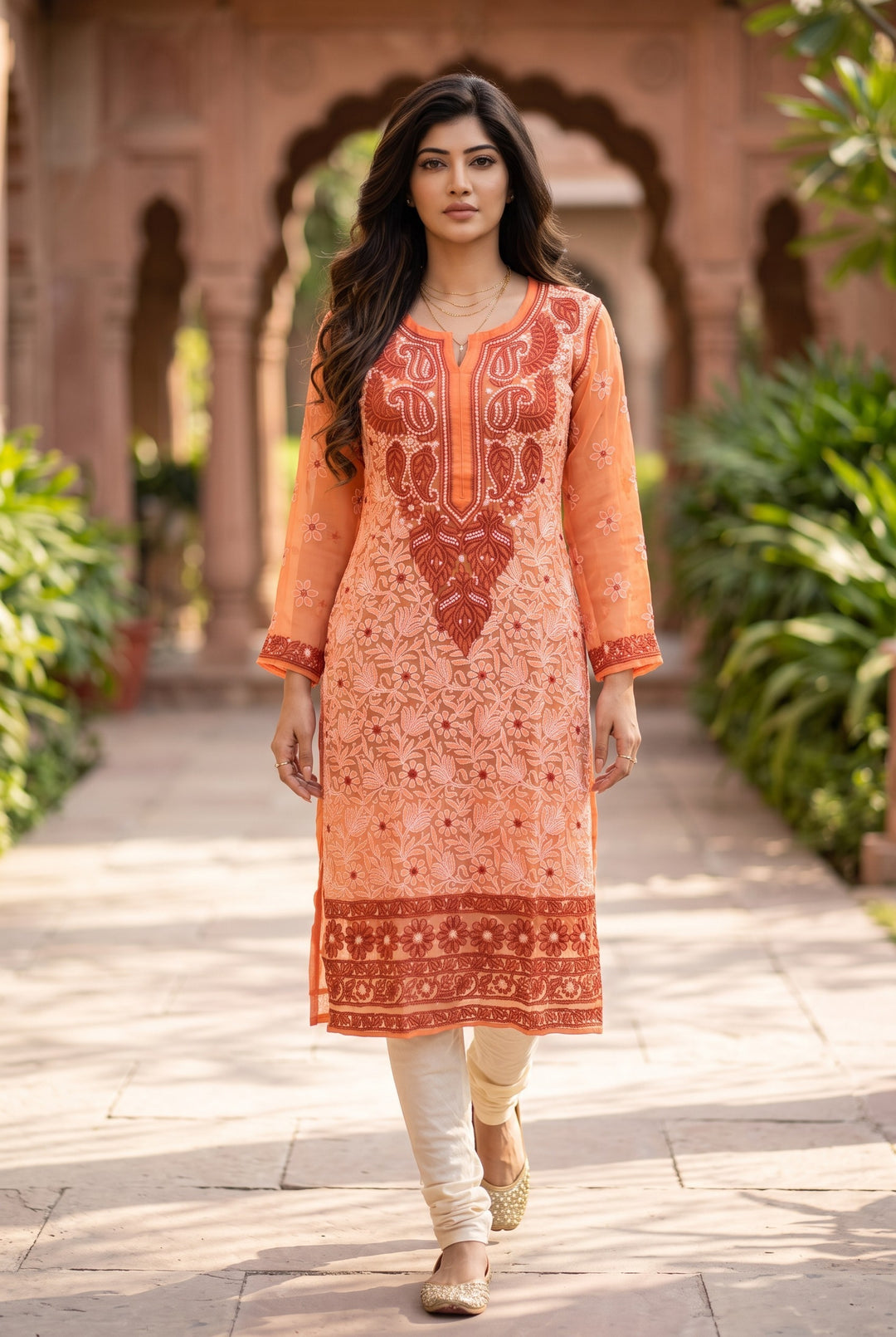 Georgette Lucknowi Chikankari 46" Long- front n back full embroidered Kurti | 100% Hand Embroidered| No Shrinkage