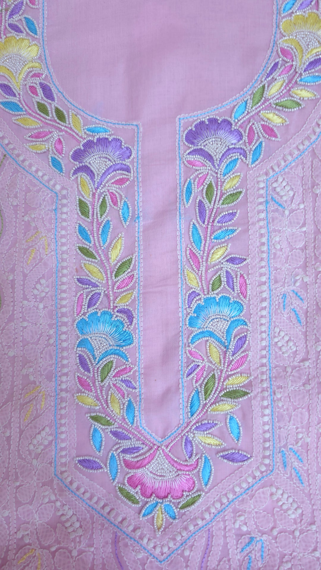 Cotton Resham Neckline chikankari dress material- Pink