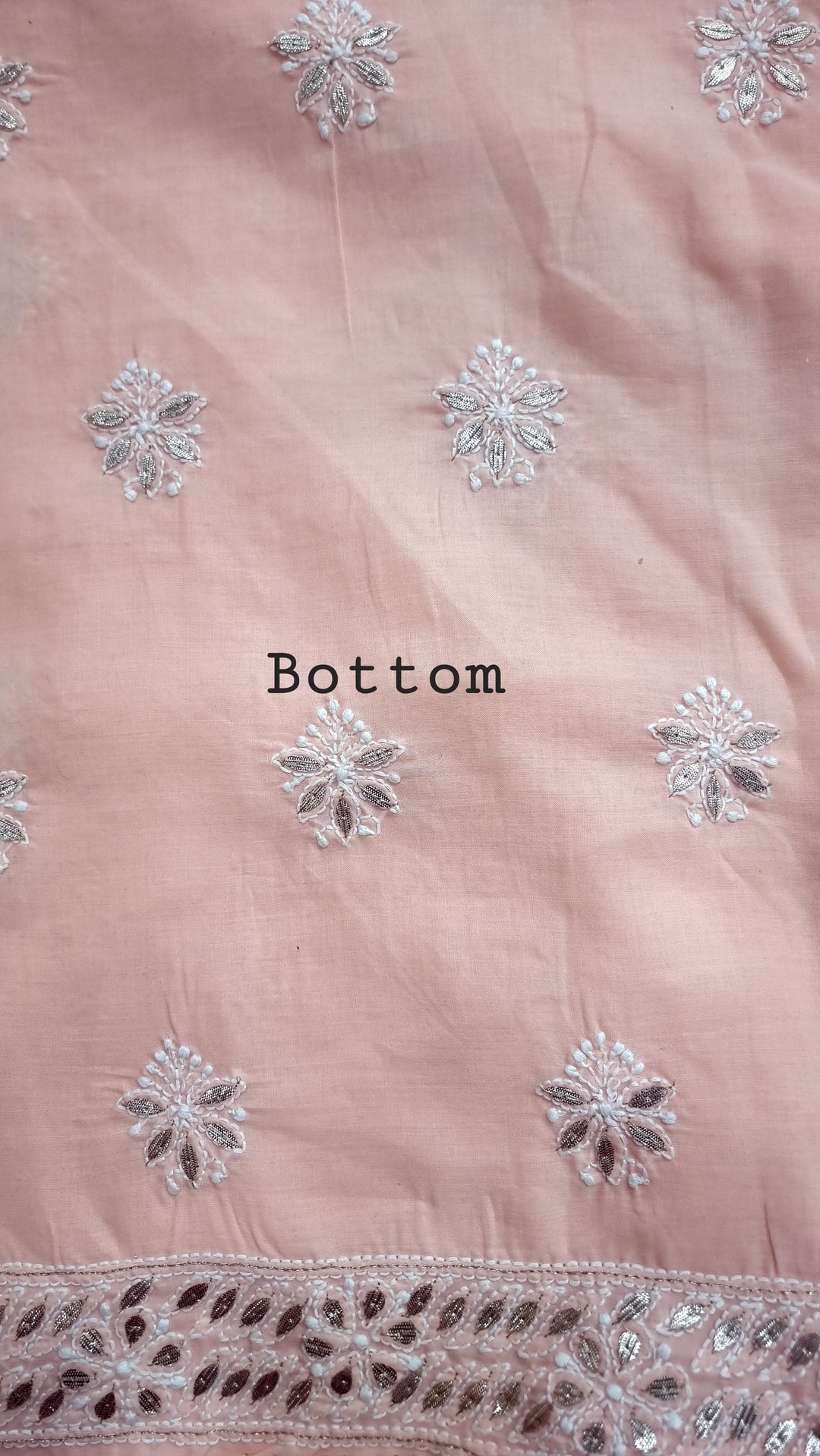 Peach Unstitched Soft Cotton Chikankari Suit Set – Aari, Kasab & Gotta Patti Embellished with Pure Chiffon Dupatta (Copy)