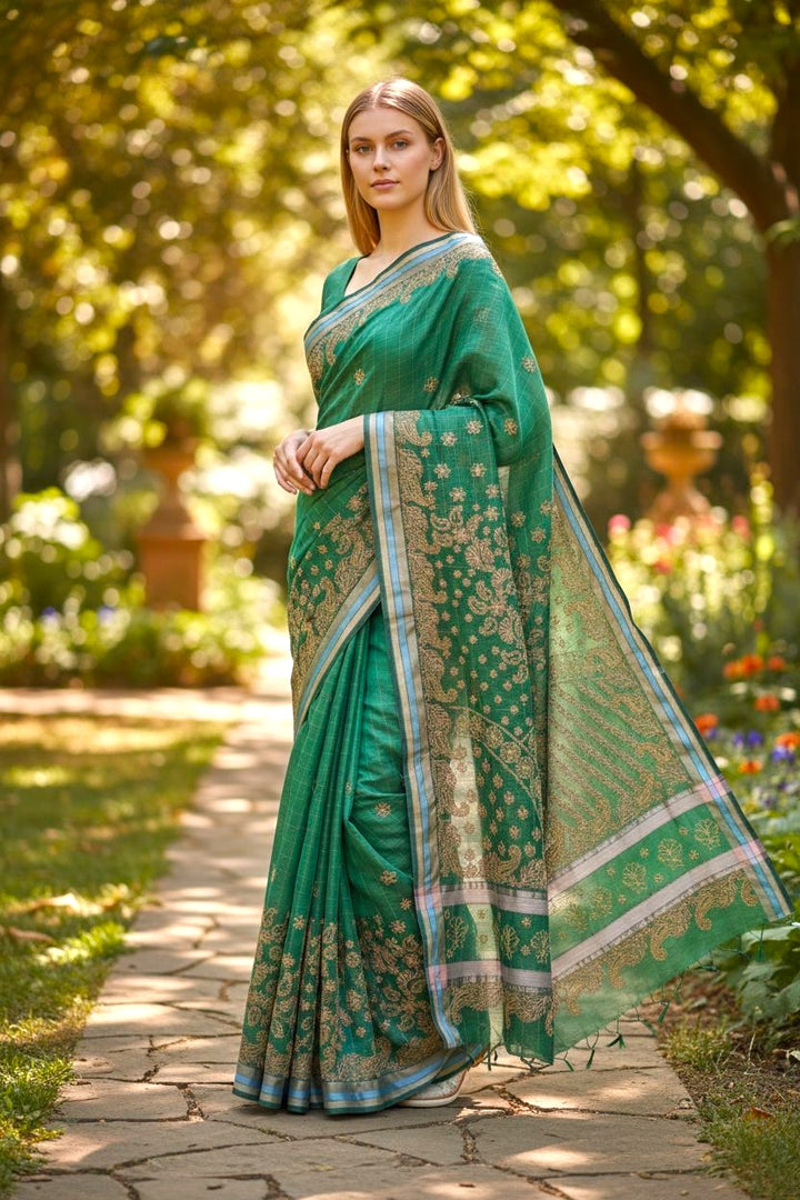 Hand Embroidered Chikankari Banarasi Silk Saree with Intricate Border & Palla Pattern – Includes  Blouse | Paridhan Chikan