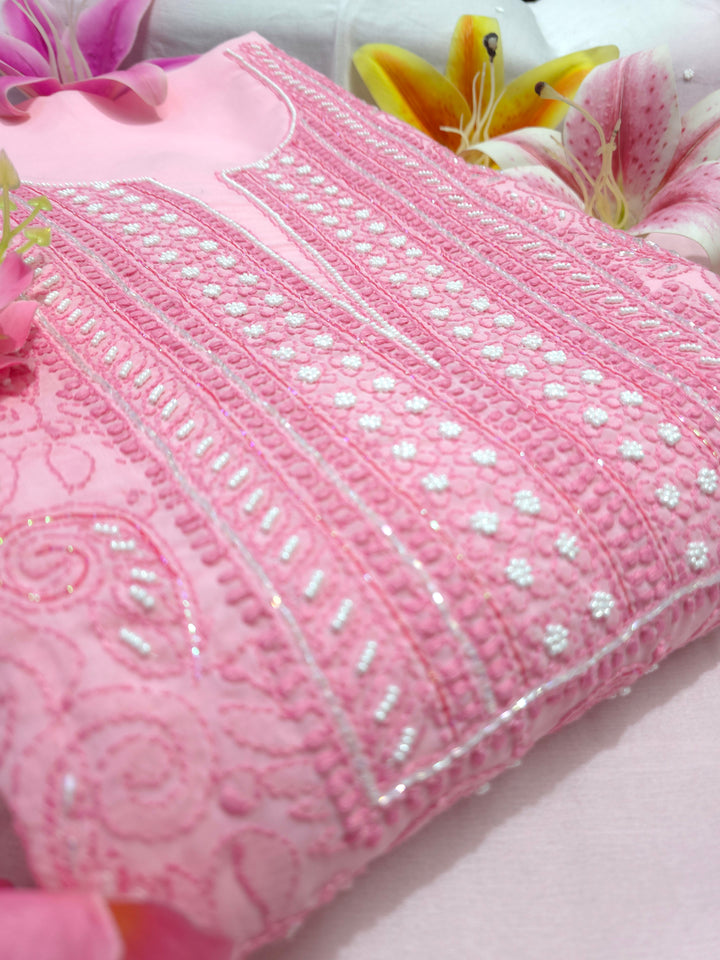 Paridhan Chikan Cotton Chikankari Unstitched Dress Material – 3 Pc Suit Set with Hand Embroidery & Pearl Work in Every Motif