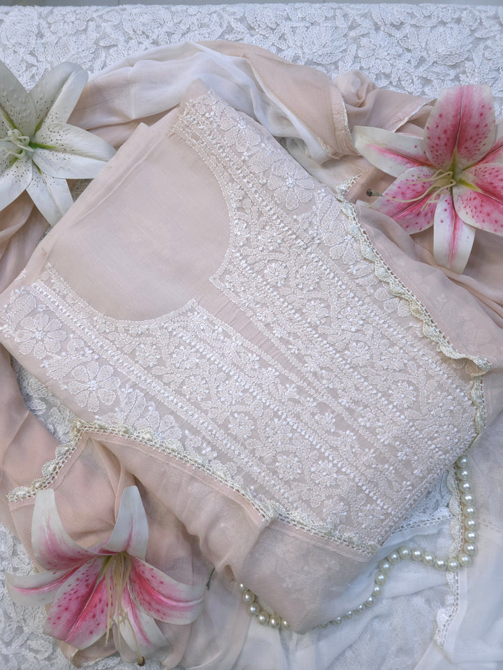Paridhan Chikan Premium Handcrafted Chikankari Cotton Suit Set | Unstitched Dress Material with Chiffon Dupatta | Made in Lucknow