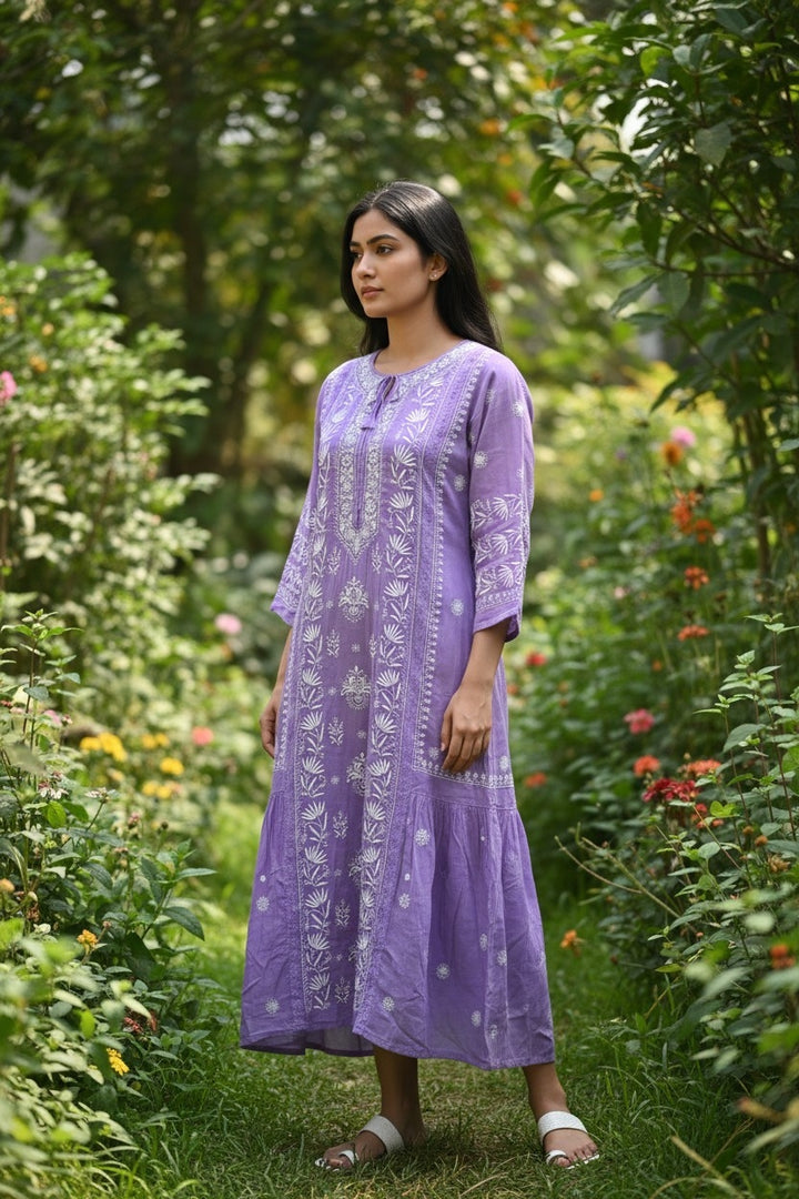 Pure Muslin luxurious long dress with *2 taar chikankari work* Length 50 " approx
