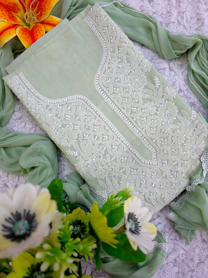Handmade Jaali Chikankari Cotton Dress Material with Chiffon Dupatta | Authentic Lucknow Hand Embroidery | Unstitched Suit Set