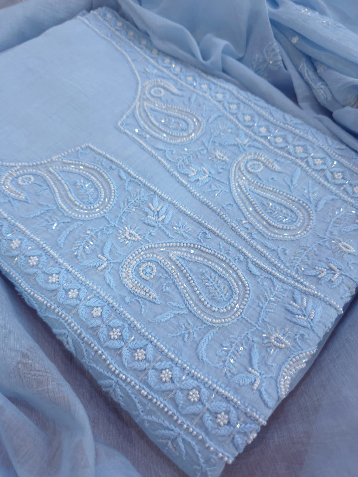 Hiba Premium Mul Chanderi Supersoft Dyeable Chikankari Dress Material | Hand Embroidered with Pearls & Cutdaana | Kurta & Dupatta Set