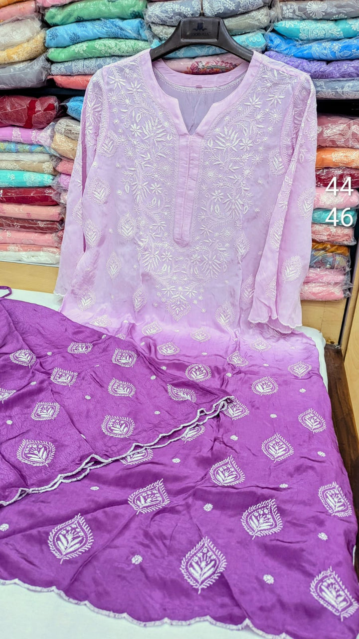 Luxe-Pure crepe luxurious kurti sharara set with *2 taar chikankari work*