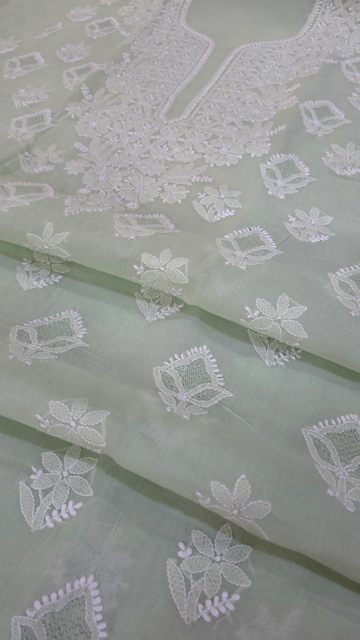 Handmade Jaali Chikankari Cotton Dress Material with Chiffon Dupatta | Authentic Lucknow Hand Embroidery | Unstitched Suit Set