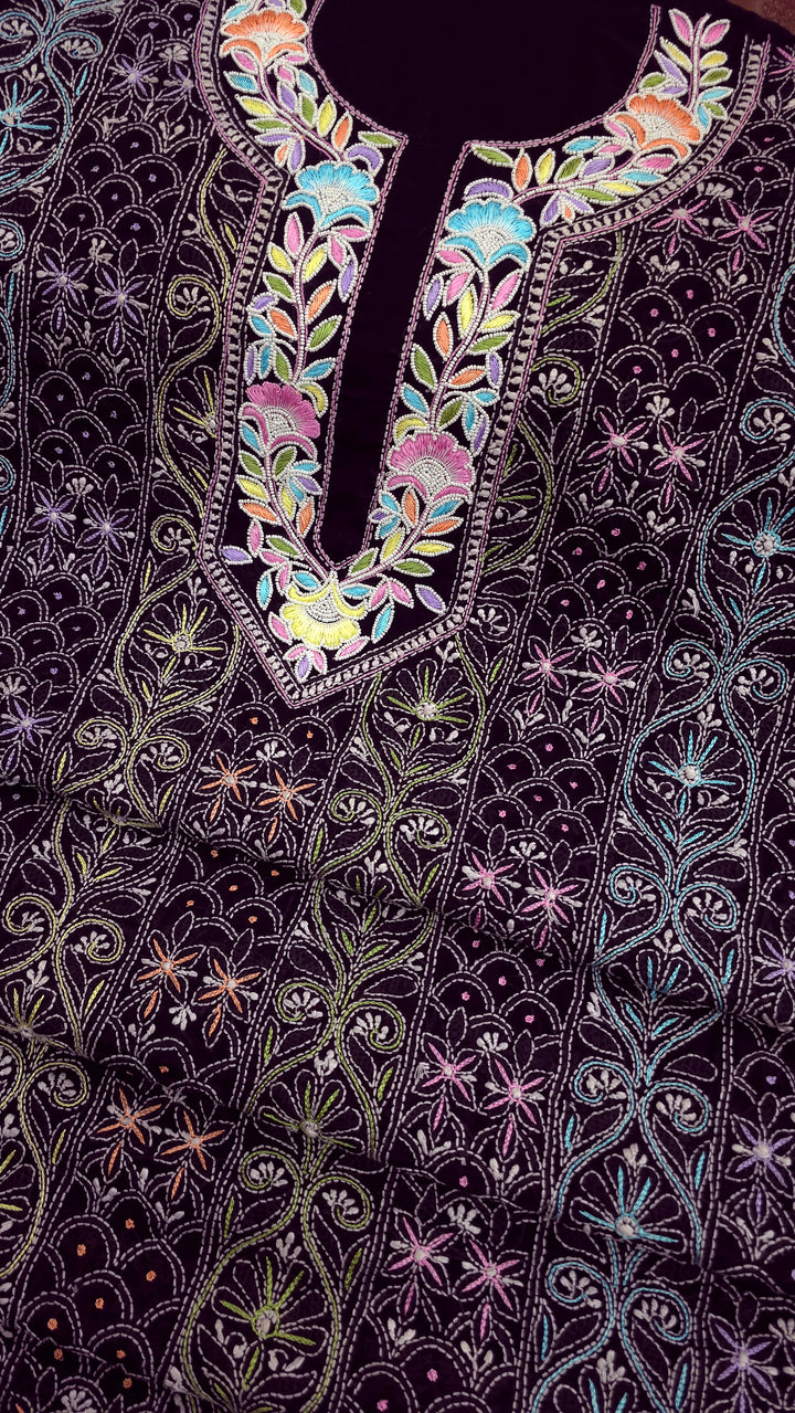 Cotton Resham Neckline chikankari dress material- Black