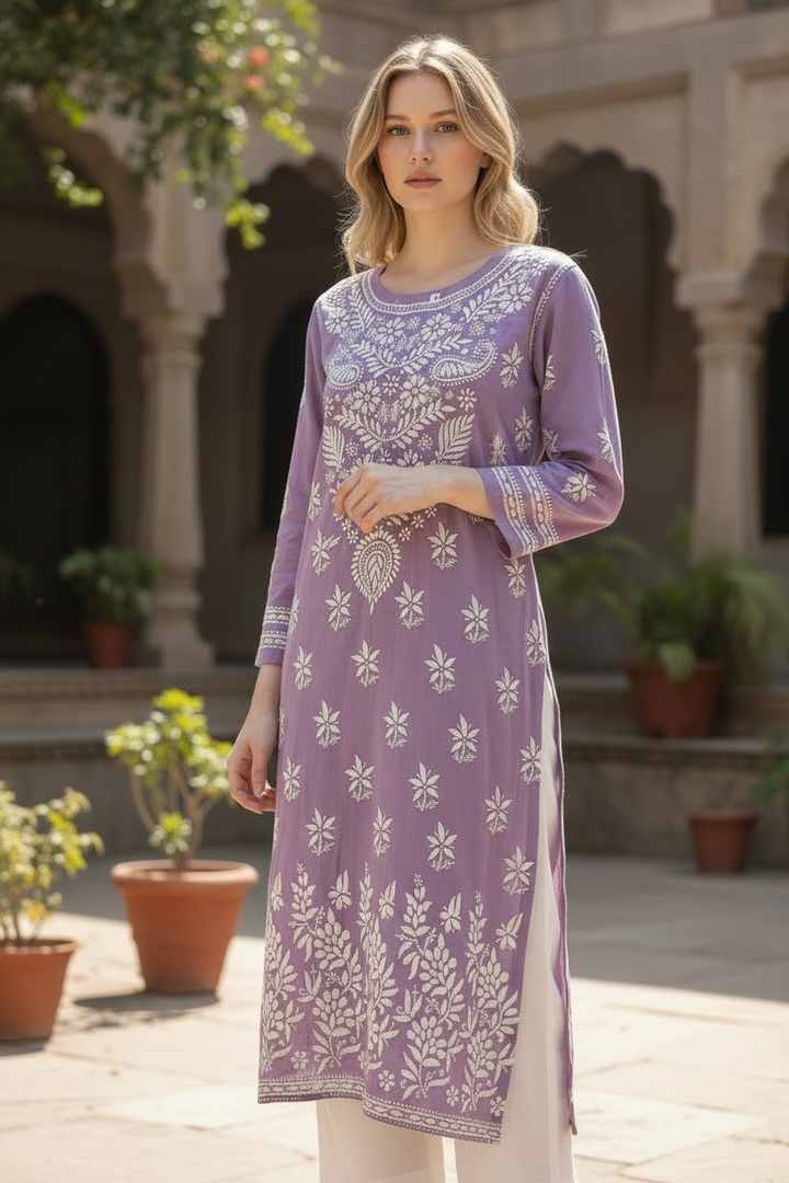 Modal Chikankari Hand Embroidered Kurti for Women | Premium Soft & Non-Transparent Fabric | 46 Inch Length | Lucknowi Chikan Kurta