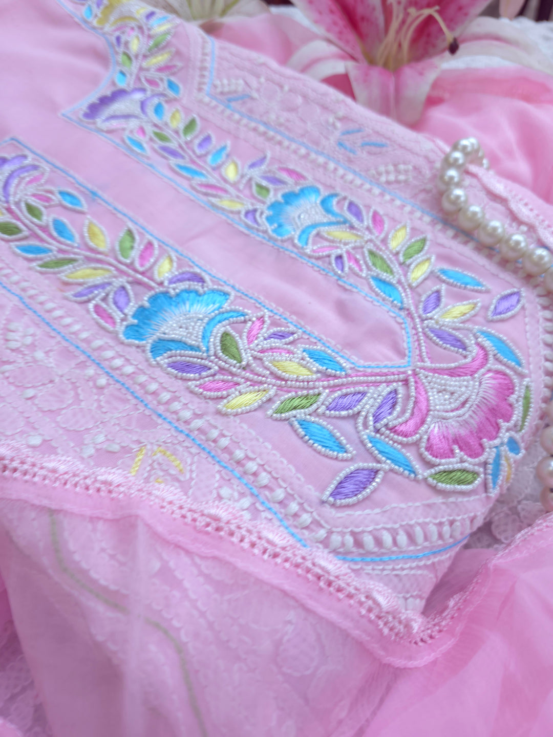 Cotton Resham Neckline chikankari dress material- Pink