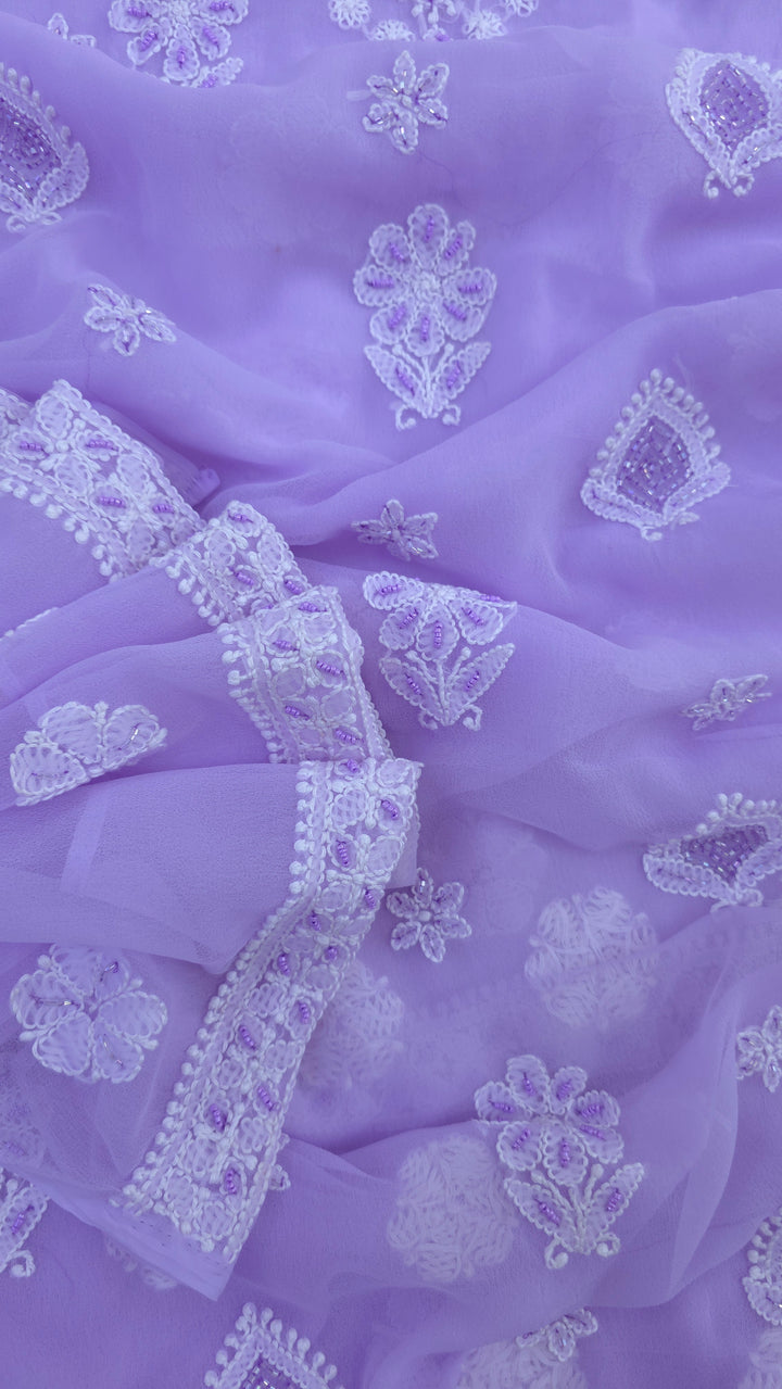 Alina Heavy Embellished Georgette Chikankari Unstitched Dress Material | Cutdana Handwork