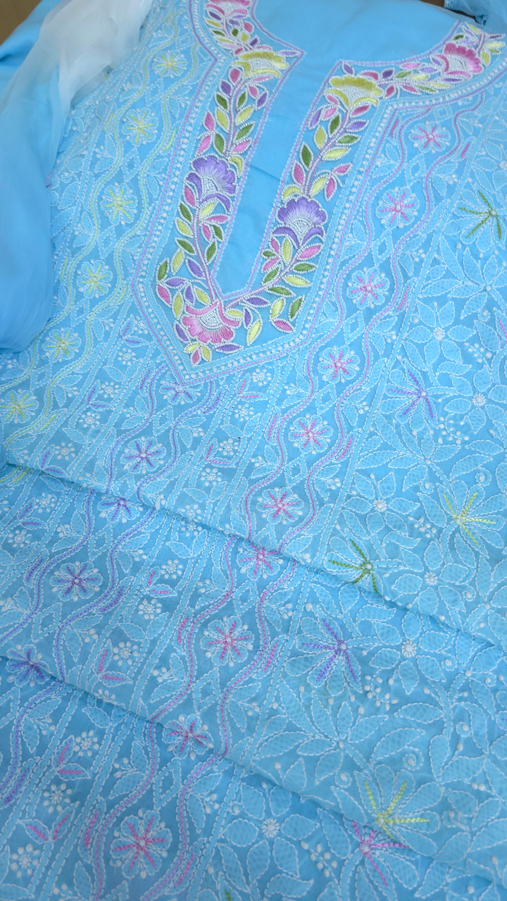 Cotton Resham Neckline chikankari dress material- Blue
