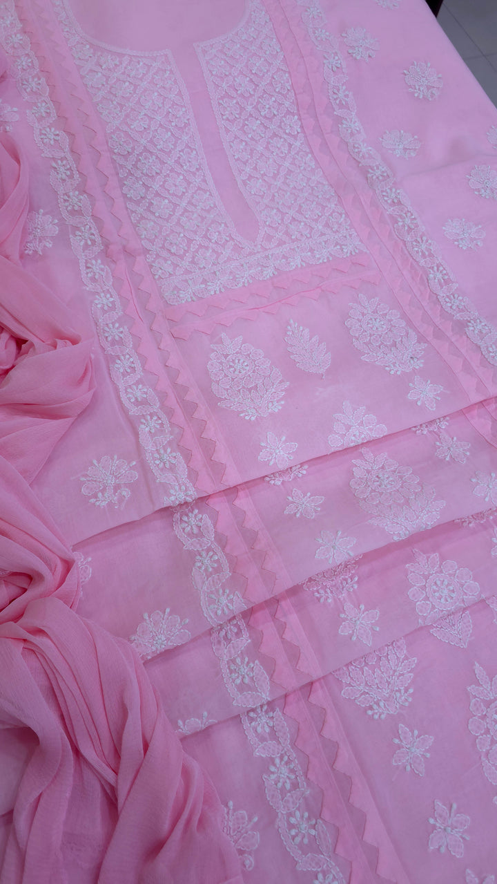 Darz Lucknowi Chikankari  Dress Material – Handmade Cotton Suit with Chiffon Dupatta