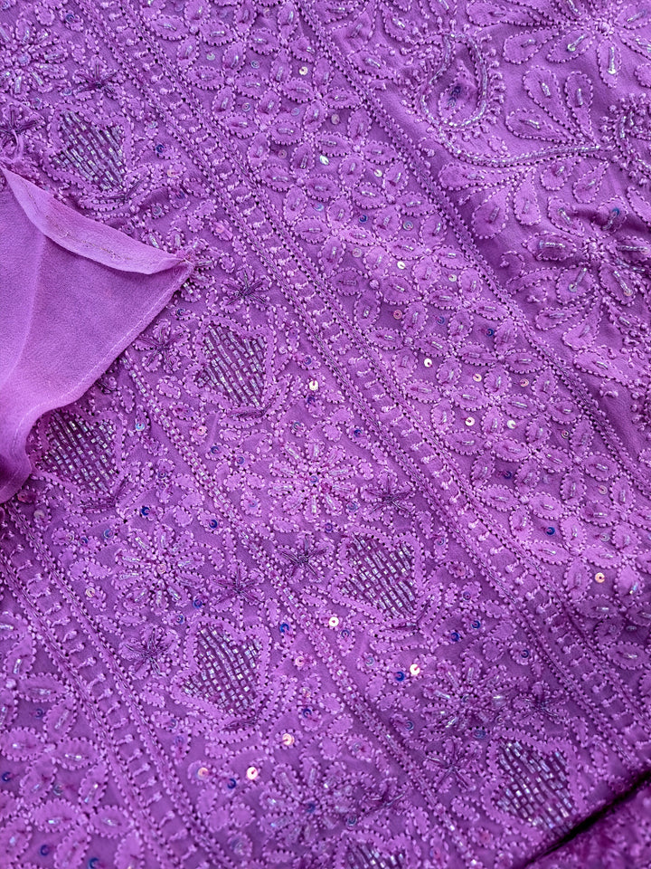 Pure Premium Luxury Georgette Hand-Embroidered Chikankari Dress Material with Dupatta & Crape Bottom – Paridhan Chikan