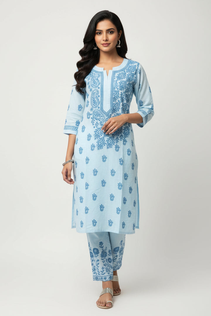Pure Cotton Linen Lucknowi Chikankari Long Kurti | 100% Hand Embroidered | Non-Transparent | No Shrinkage