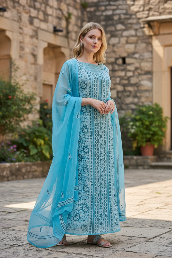 Unstitched Georgette Chikankari Dress Material | Hand Embroidered Kurta, Bottom & Dupatta