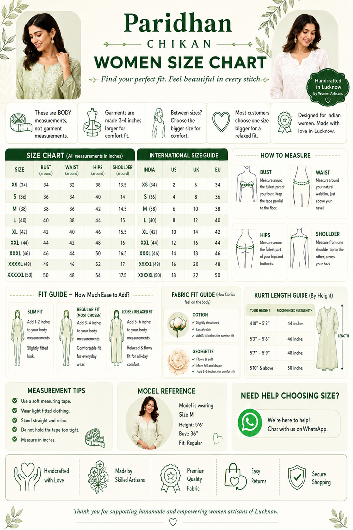 Premium Soft Chanderi Lucknowi Chikankari Long Kurti – 100% Hand Embroidered, Non-Transparent